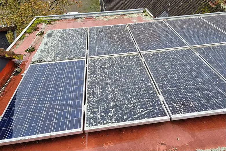 Placas solares antes de la limpieza con suciedad acumulada